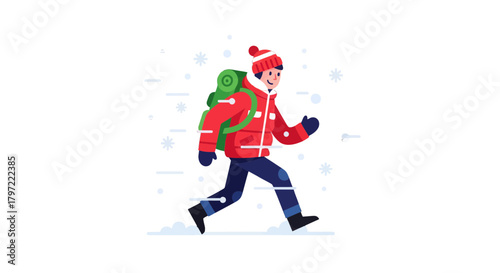 Winter Adventure: An Animated Explorer Bravely Trekking Through Deep Snow and Falling Flakes