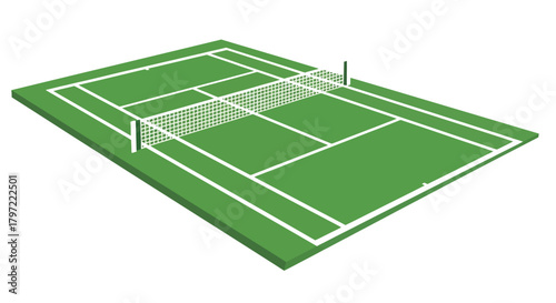 An overhead view of a green tennis court with a white net