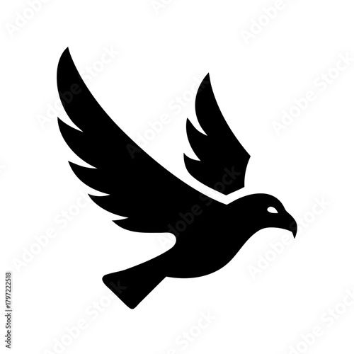 A silhouette of a bird with outstretched wings in flight.