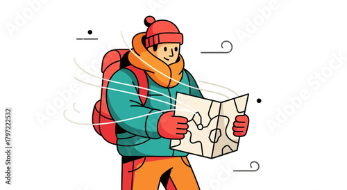 Winter Explorer Navigating the Snowy Landscape with a Detailed Topographic Map Reading