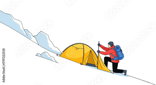 Winter Expedition: Adventurer Erecting Tent on Snowy Mountain Slope for Shelter