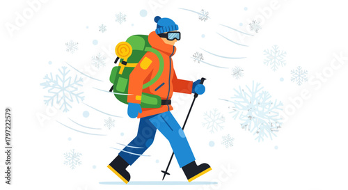 Winter Hiking Adventure In Snowy Conditions With A Backpack And Walking Poles