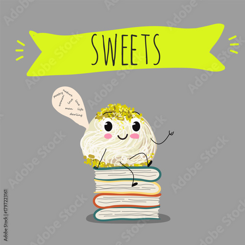 Funny Characters Turkish Halva confection, cubes with pistachio nut, layered chocolate tahini oriental dessert, hand drawn vector illustration.