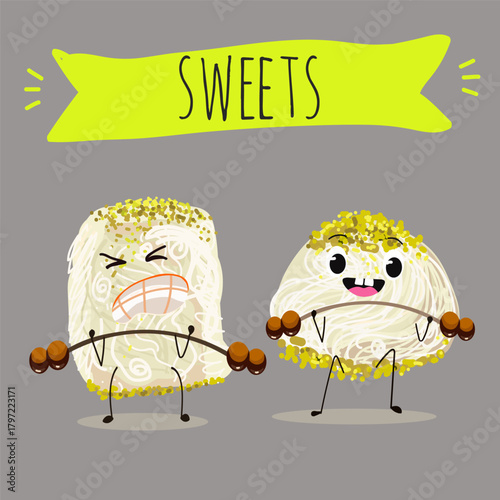 Funny Characters Turkish Halva confection, cubes with pistachio nut, layered chocolate tahini oriental dessert, hand drawn vector illustration.