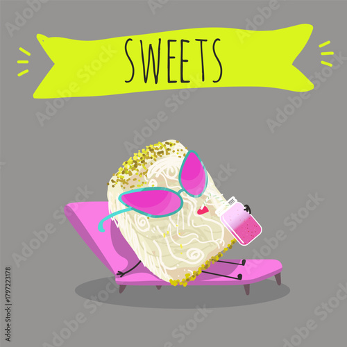 Funny Characters Turkish Halva confection, cubes with pistachio nut, layered chocolate tahini oriental dessert, hand drawn vector illustration.