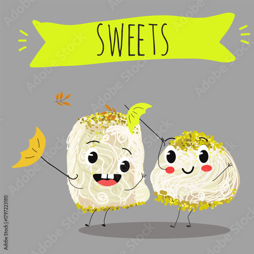 Funny Characters Turkish Halva confection, cubes with pistachio nut, layered chocolate tahini oriental dessert, hand drawn vector illustration.