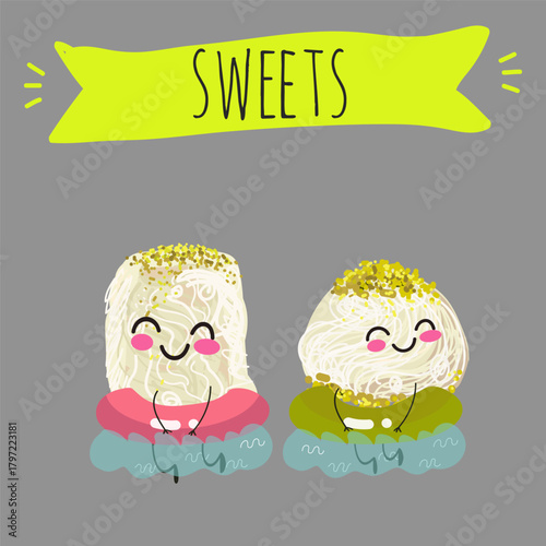Funny Characters Turkish Halva confection, cubes with pistachio nut, layered chocolate tahini oriental dessert, hand drawn vector illustration.