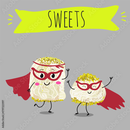 Funny Characters Turkish Halva confection, cubes with pistachio nut, layered chocolate tahini oriental dessert, hand drawn vector illustration.