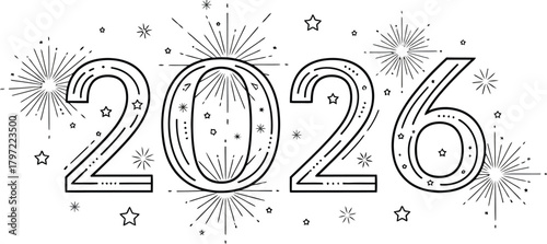 Elegant 2026 new year design with fireworks and stars on a clean white background