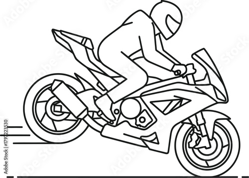 Line art illustration of a motorcyclist riding a sportbike on a white background