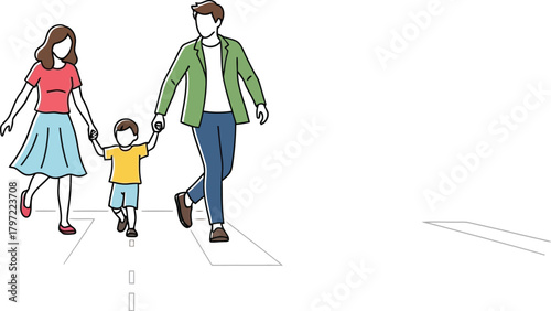 Family walking together holding hands on a crosswalk in a simple illustration