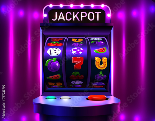 Glowing Jackpot Slot Machine with Neon Lights. A vibrant illustration of a classic casino game. Vector illustration