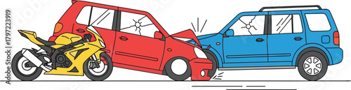 Motorcycle and car accident illustration showing damage and collision impact
