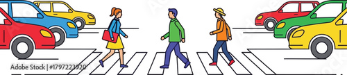 People crossing a pedestrian crosswalk with cars waiting in a colorful illustration