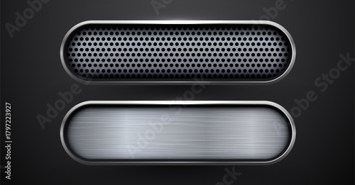 Metallic buttons with brushed and perforated textures on a dark background.