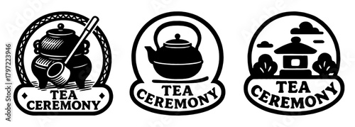 茶道アイコン入り丸形ロゴデザイン、Round Emblem Logos with Tea Ceremony Icons
