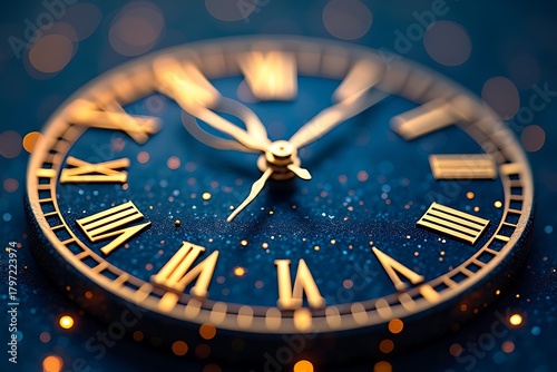 Elegant clock face with roman numerals and golden hands against blue backdrop