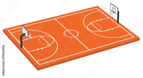 Isometric view of a basketball court with two hoops and markings