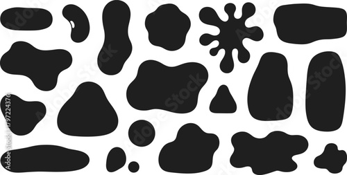 Collection of organic black ink splatters and blobs isolated on a white background