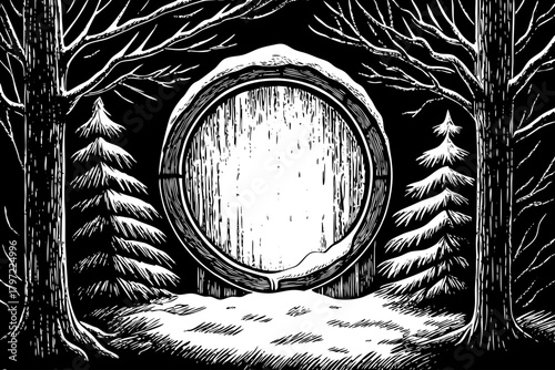 An icy circular portal opens between trees, shining blue light into dark snowy forest, hinting at another realm beyond winter reality