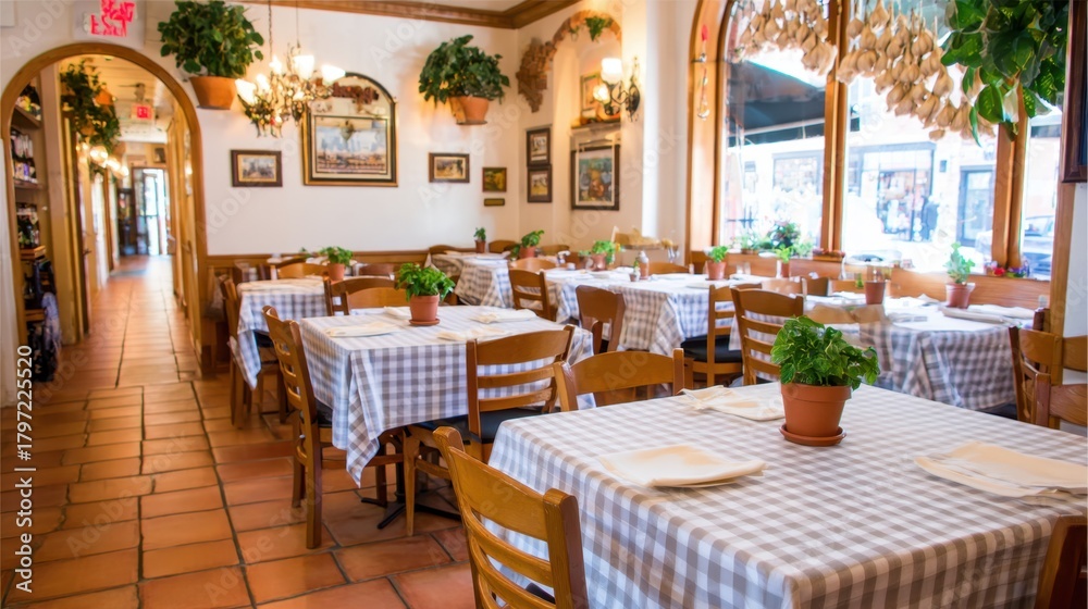 Obraz premium Cozy Italian restaurant interior with checkered tablecloths, potted plants, and warm lighting creating a welcoming atmosphere