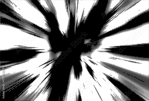 Grunge pop art style background with halftone effect for comic book or manga. Vector image of massive burts with rays or explosion effect.