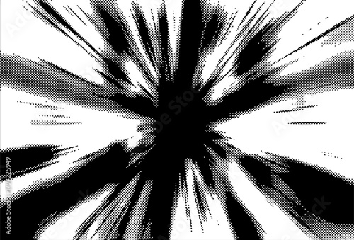 Grunge pop art style background with halftone effect for comic book or manga. Vector image of massive burts with rays or explosion effect.