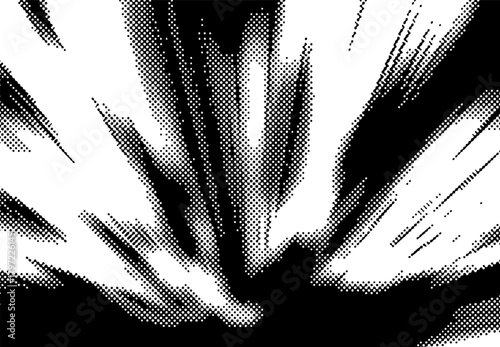 Grunge pop art style background with halftone effect for comic book or manga. Vector image of massive burts with rays or explosion effect.