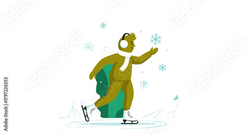 Winter Skater Embracing The Snowfall: A Joyful Illustration Against A Dark Background