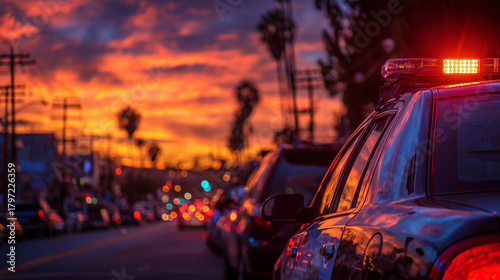 Police car lights glow at sunset while parked on a busy street. The vibrant sky sets a dramatic backdrop. This scene captures the urgency of law enforcement in action