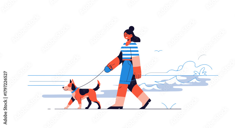 Obraz premium Woman Embarks On A Leisurely Seaside Walk With Her Happy Canine Companion