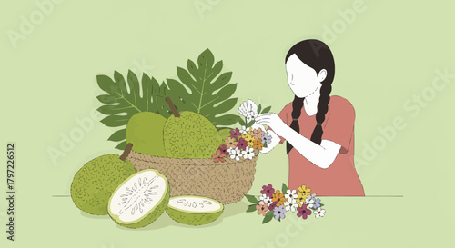Woman Arranging Bouquets With Exotic Fruit And Tropical Foliage Illustration