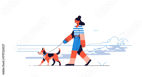 Woman Embarks On A Leisurely Seaside Walk With Her Happy Canine Companion