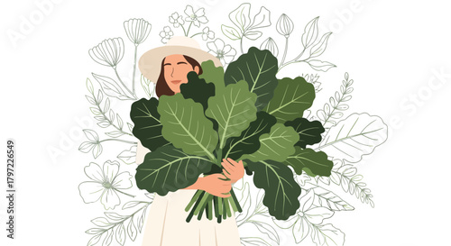 Woman Embracing Abundance, Holding a Bouquet of Fresh Green Collard Greens on Black Background