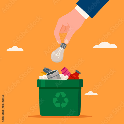 throw away old business ideas, Businessman's hand throws broken light bulb idea into trash can concept vector illustration with flat design style