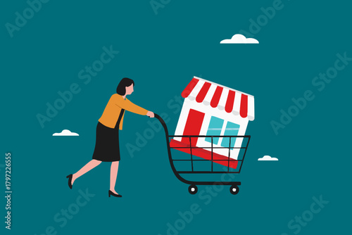 buy a franchise illustration with businesswoman push shopping carts containing franchise icons concept vector illustration