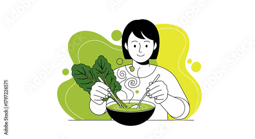 Woman Enjoying Delicious Green Soup, Healthy Eating Illustration On Black Background