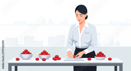 Woman Arranging Red Fruits for Culinary Endeavors and Presentation Purposes Indeed