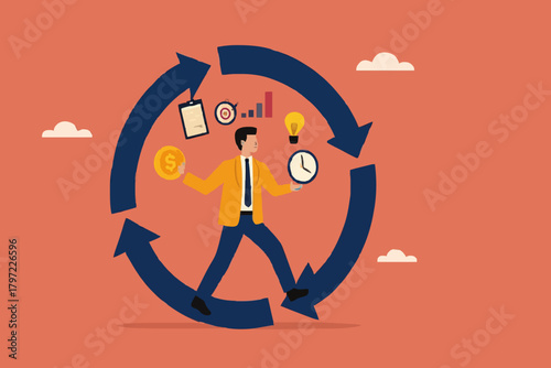 habitual procedures leading to business or career success, discipline or working efficiency, businesswoman carry out work with a circle of good work habit