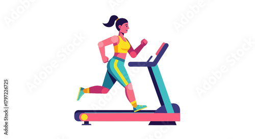 Woman Exercising On The Treadmill: Vibrant Illustration Against Black Background