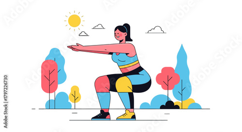 Woman Exercising Squats Outdoors On A Sunny Day Fitness and Healthy Lifestyle