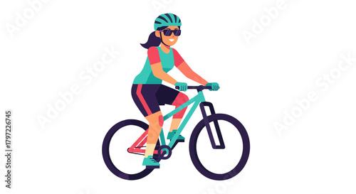 Woman Biking Cartoon Illustration With Sunglasses And Helmet On Black Background
