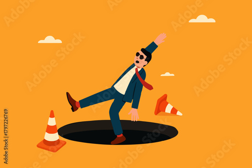 businessman fell into a hole because he was walking while using AR VR headset technology, augmented and virtual reality technology impact illustration, negative impact from AR VR technology