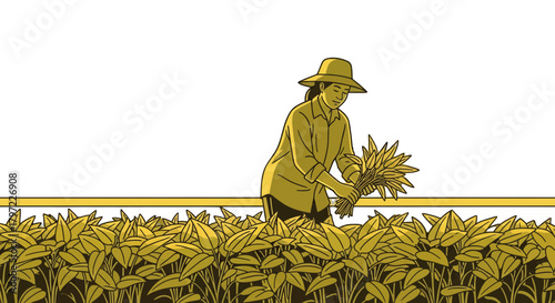 Woman Harvesting Crops In A Golden Field, Illustration With Black And Yellow Accents