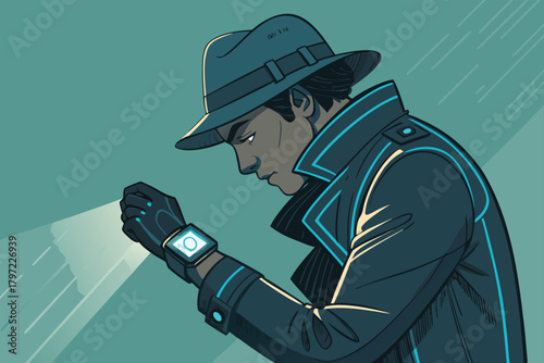 -cyberpunk-detective-checking-digital-clues-on-wri.eps