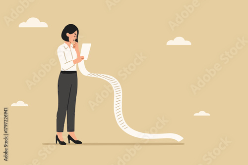 payment bill, income tax or expense on long invoice receipt paper, confused woman with long bill paper concept vector illustration