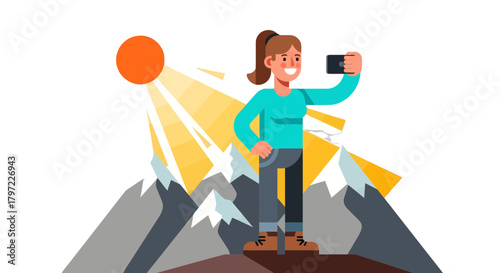 Woman Capturing Adventurous Memories atop Mountain, Reaching Scenic Viewpoint