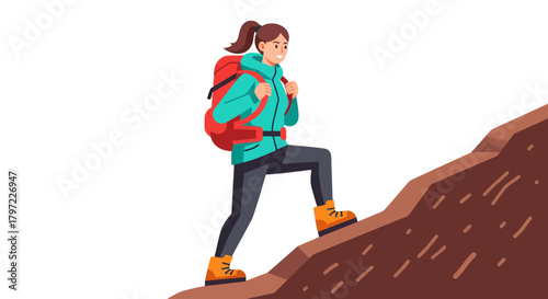 Woman Hiker Ascending Steep Terrain Towards New Horizons Adventure Journey