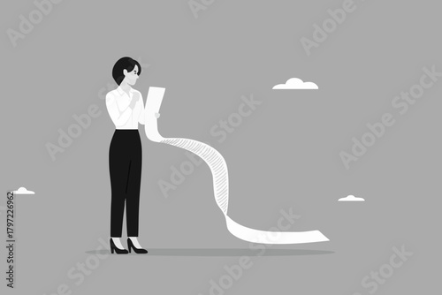 payment bill, income tax or expense on long invoice receipt paper, confused woman with long bill paper concept vector illustration