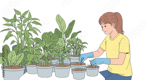 Woman Gardening Her Own Plants in Pots on Black Background Portrait Illustration